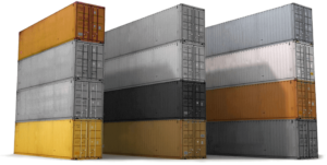 Three stacks of large shipping containers.