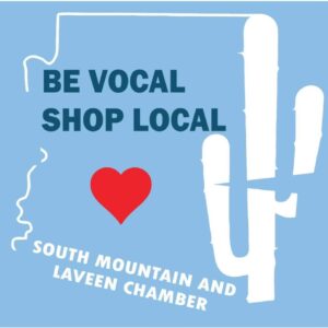 Light blue background with a cactus and a heart in the center depicting Arizona with the words Be Vocal Shop Local.
