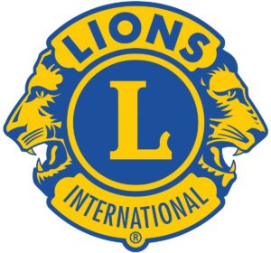 Gold and BLue logo with a large gold L in the middle on a blue background with the word Lions curving over the top, and the word international curving along the bottom. On either side of the circular logo are two lions heads facing out.