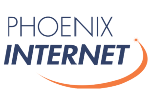 Black print on white background saying Phoneix Internet with an orange swoop on the bottomr right curving under the words on the logo for Phoenix Internet.